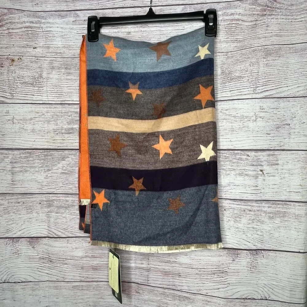 House of Tweed Multi Colored Stars and Stripes Fringe Reversible Shaw Scarf New